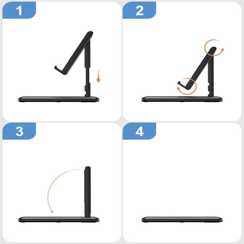 Step-by-step instructions for folding and adjusting the portable phone stand