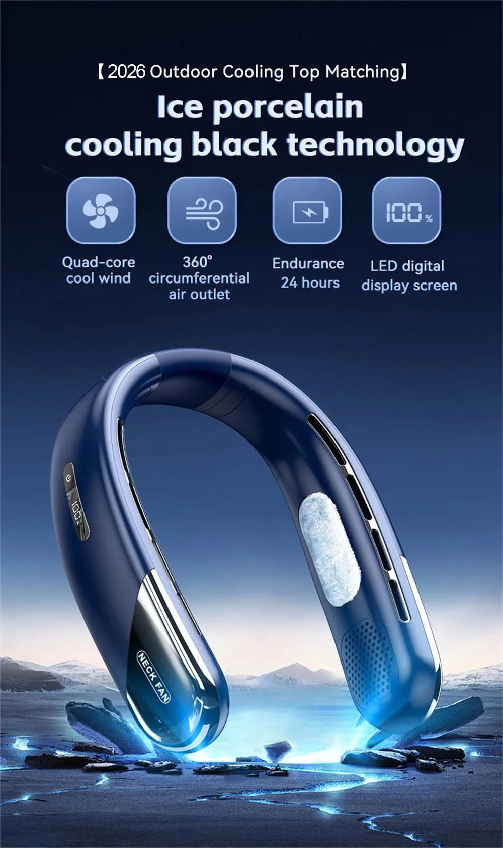 Portable Neck Fan Look Football Match Mini Bladeless Silent Neckband Fan USB Rechargeable LED Digital Display 5 Gear Air Cooler