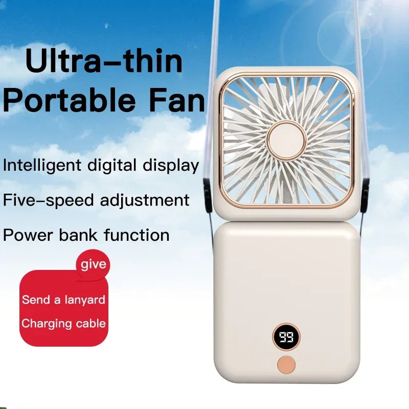 Portable Neck Fan Foldable Mini Handheld Fan with Power Bank USB Rechargeable Small Hand Fan Hanging Neck Fan Folding Desk Fan