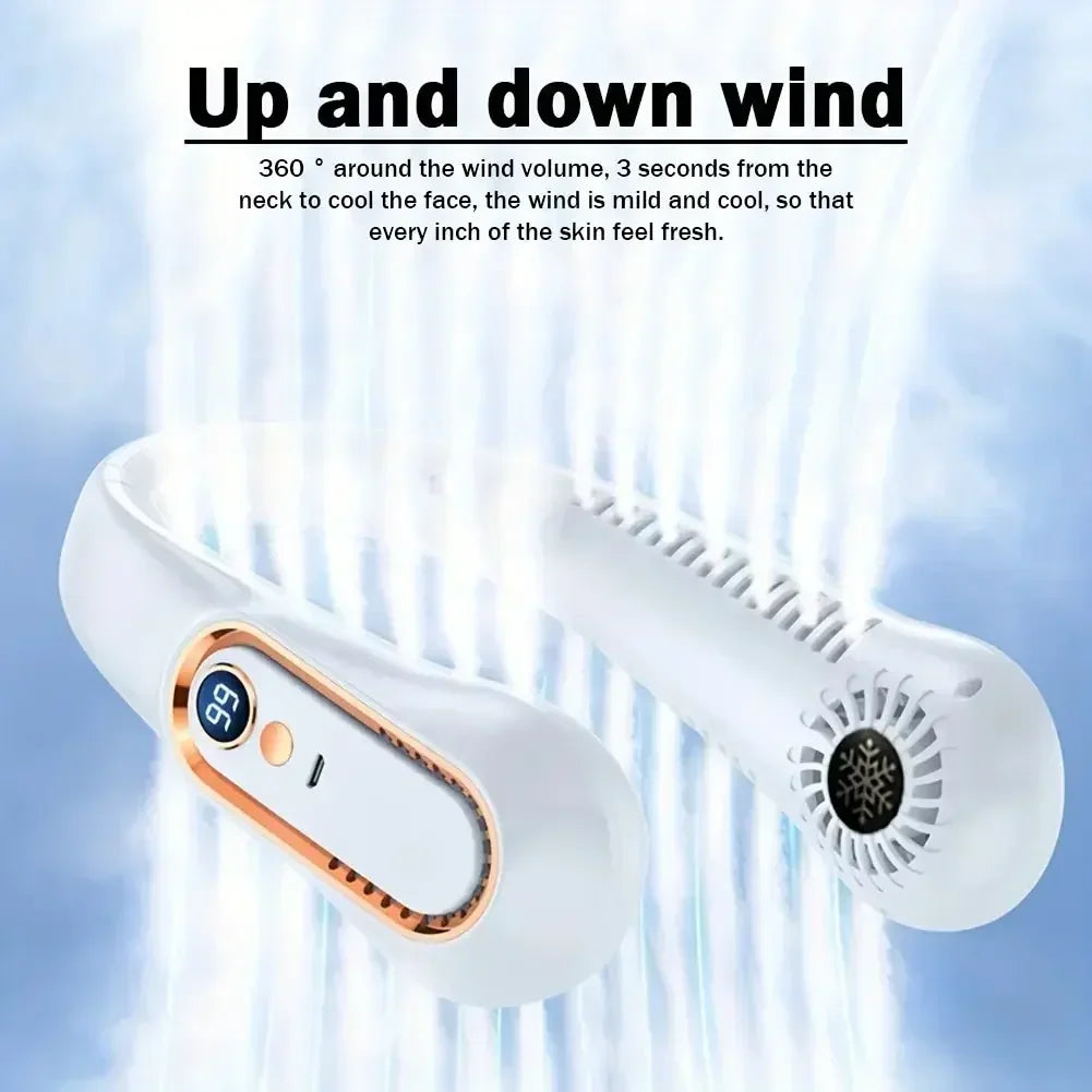 Portable Mini Hanging Neck Fan Bladeless Neckband Fan Digital Display Power Air Cooler USB Rechargeable Electric Fans ﻿
