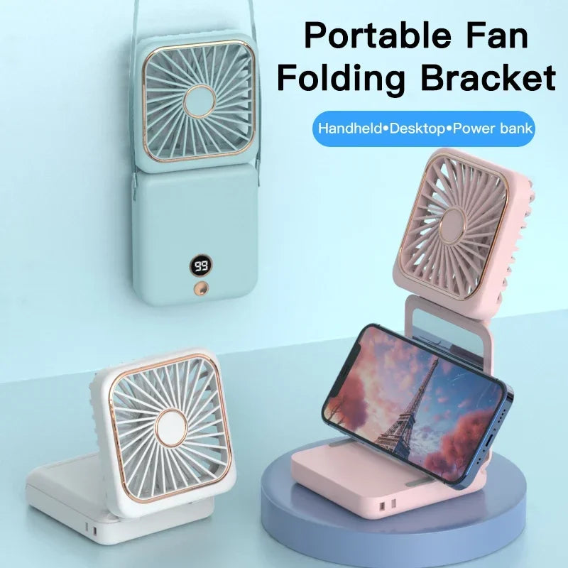 Portable Neck Fan Foldable Mini Handheld Fan with Power Bank USB Rechargeable Small Hand Fan Hanging Neck Fan Folding Desk Fan