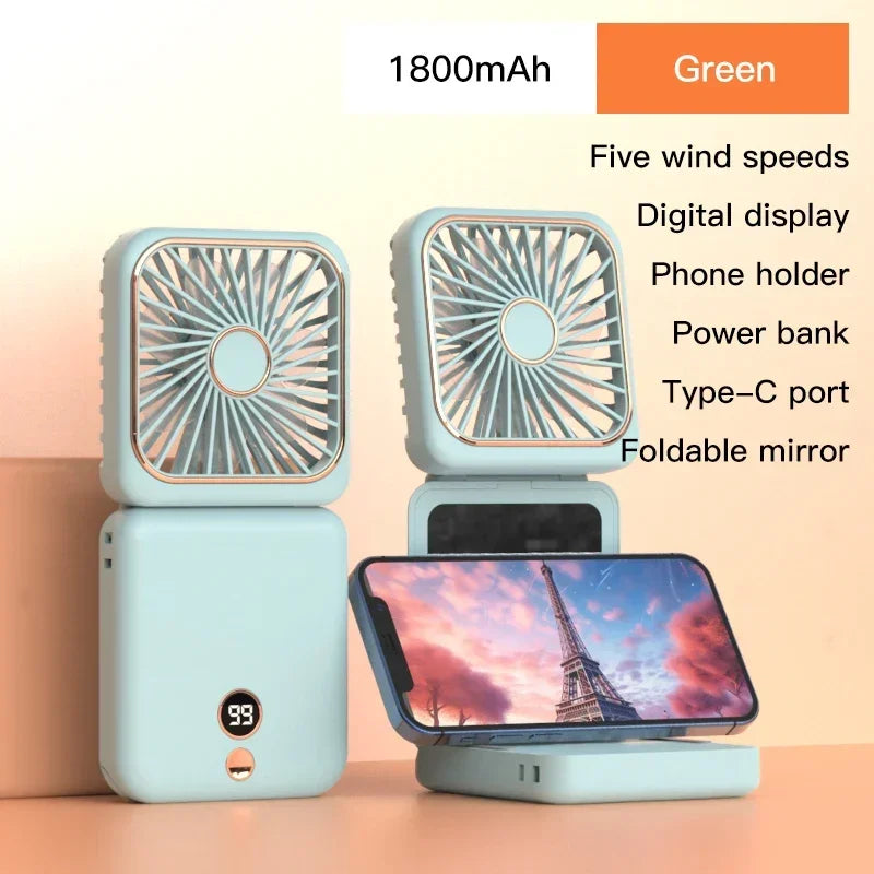 Portable Neck Fan Foldable Mini Handheld Fan with Power Bank USB Rechargeable Small Hand Fan Hanging Neck Fan Folding Desk Fan