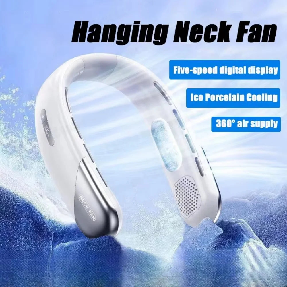 Portable Neck Fan Look Football Match Mini Bladeless Silent Neckband Fan USB Rechargeable LED Digital Display 5 Gear Air Cooler
