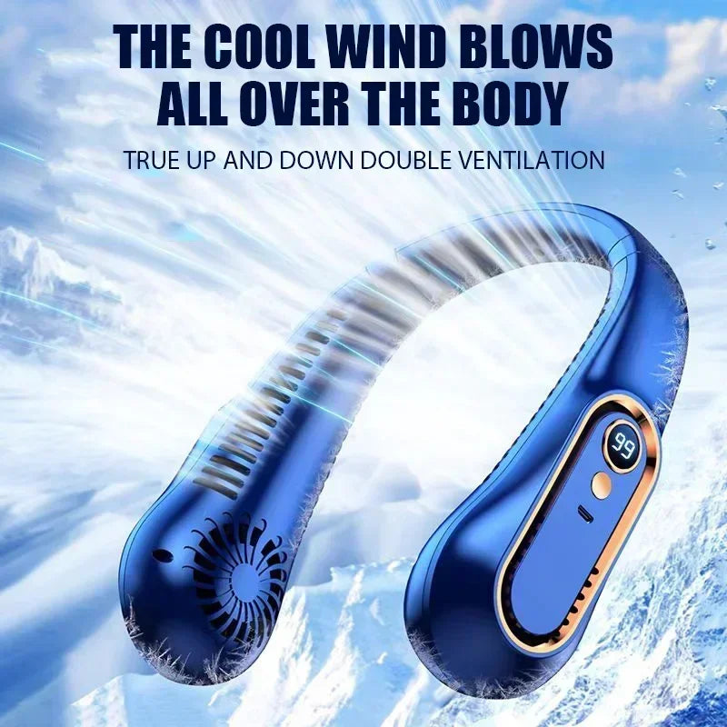 Portable Mini Hanging Neck Fan Bladeless Neckband Fan Digital Display Power Air Cooler USB Rechargeable Electric Fans ﻿