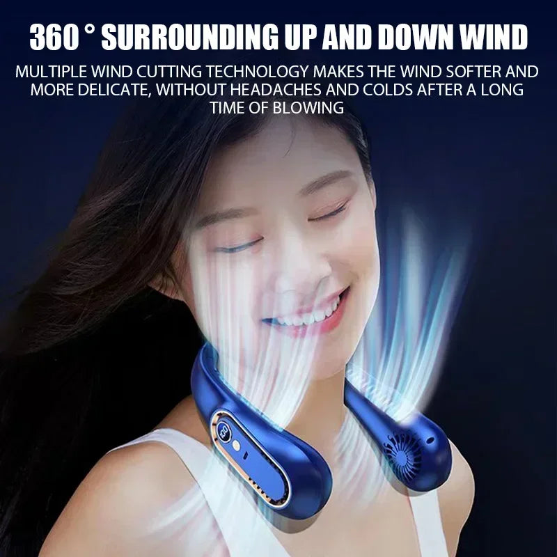 Portable Mini Hanging Neck Fan Bladeless Neckband Fan Digital Display Power Air Cooler USB Rechargeable Electric Fans ﻿