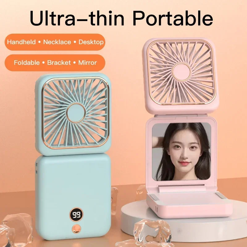 Portable Neck Fan Foldable Mini Handheld Fan with Power Bank USB Rechargeable Small Hand Fan Hanging Neck Fan Folding Desk Fan