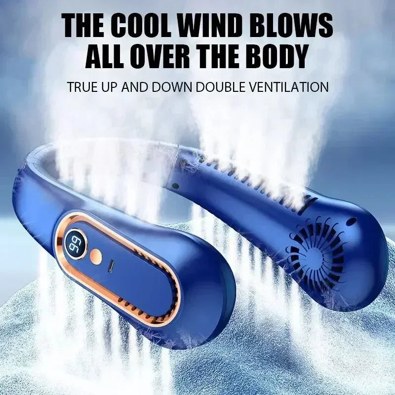 Portable Mini Hanging Neck Fan Bladeless Neckband Fan Digital Display Power Air Cooler USB Rechargeable Electric Fans ﻿