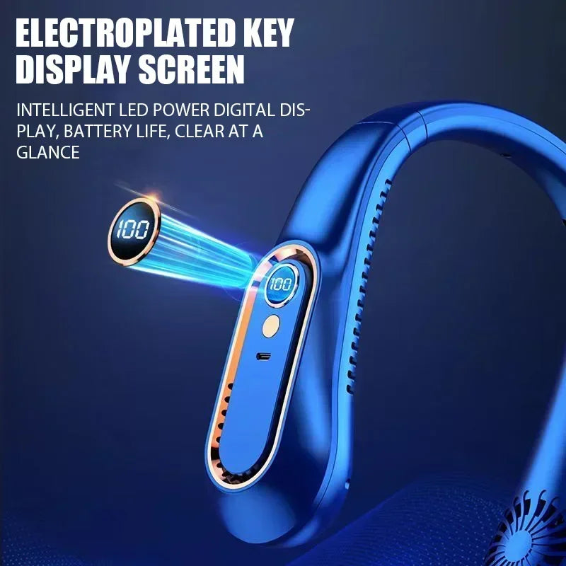 Portable Mini Hanging Neck Fan Bladeless Neckband Fan Digital Display Power Air Cooler USB Rechargeable Electric Fans ﻿
