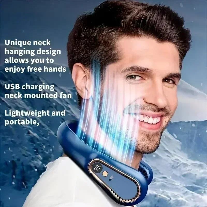 Portable Mini Hanging Neck Fan Bladeless Neckband Fan Digital Display Power Air Cooler USB Rechargeable Electric Fans ﻿