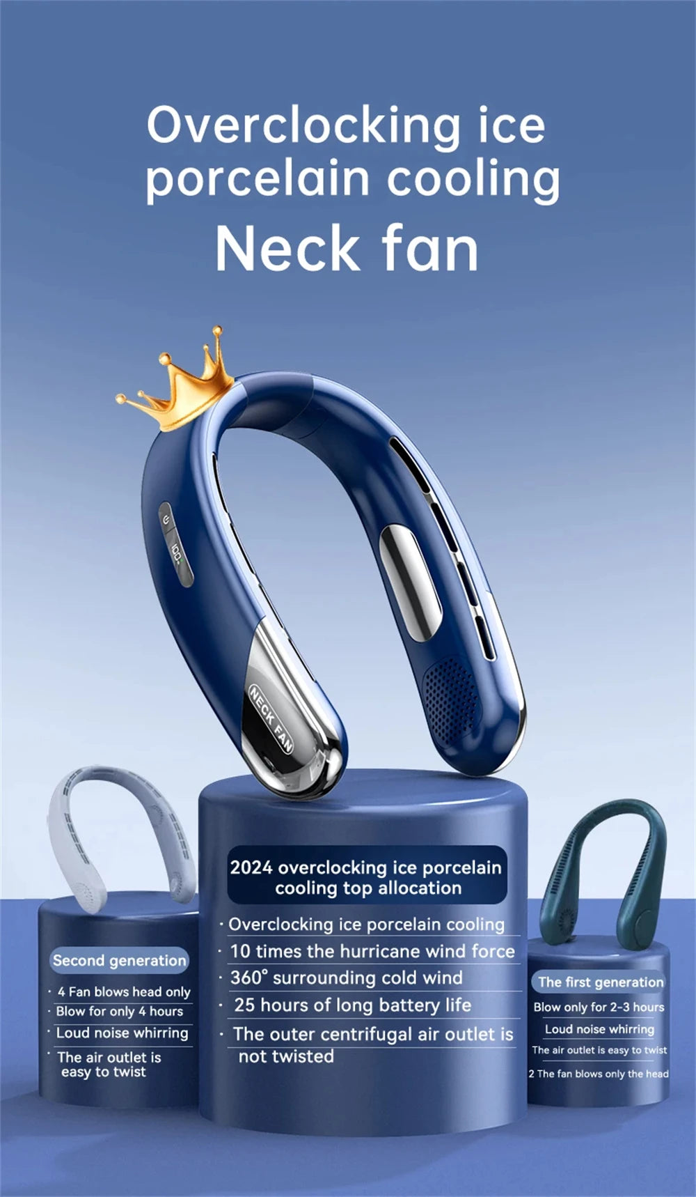 Portable Neck Fan Look Football Match Mini Bladeless Silent Neckband Fan USB Rechargeable LED Digital Display 5 Gear Air Cooler