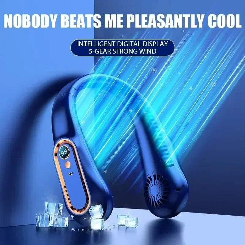 Portable Mini Hanging Neck Fan Bladeless Neckband Fan Digital Display Power Air Cooler USB Rechargeable Electric Fans ﻿