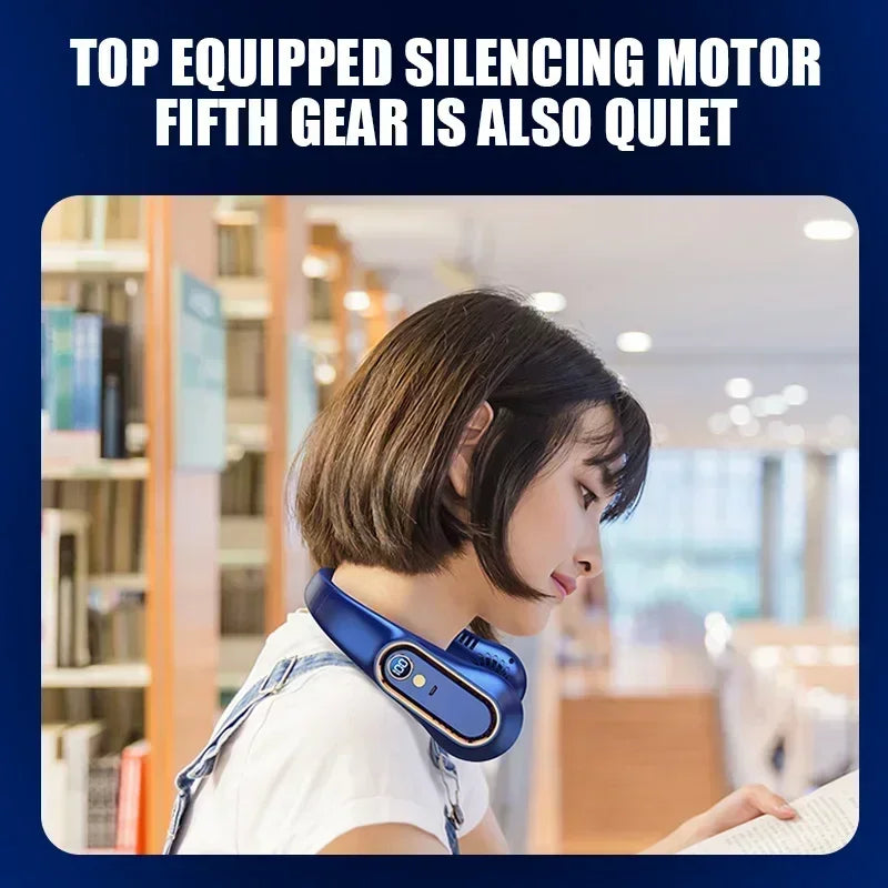 Portable Mini Hanging Neck Fan Bladeless Neckband Fan Digital Display Power Air Cooler USB Rechargeable Electric Fans ﻿