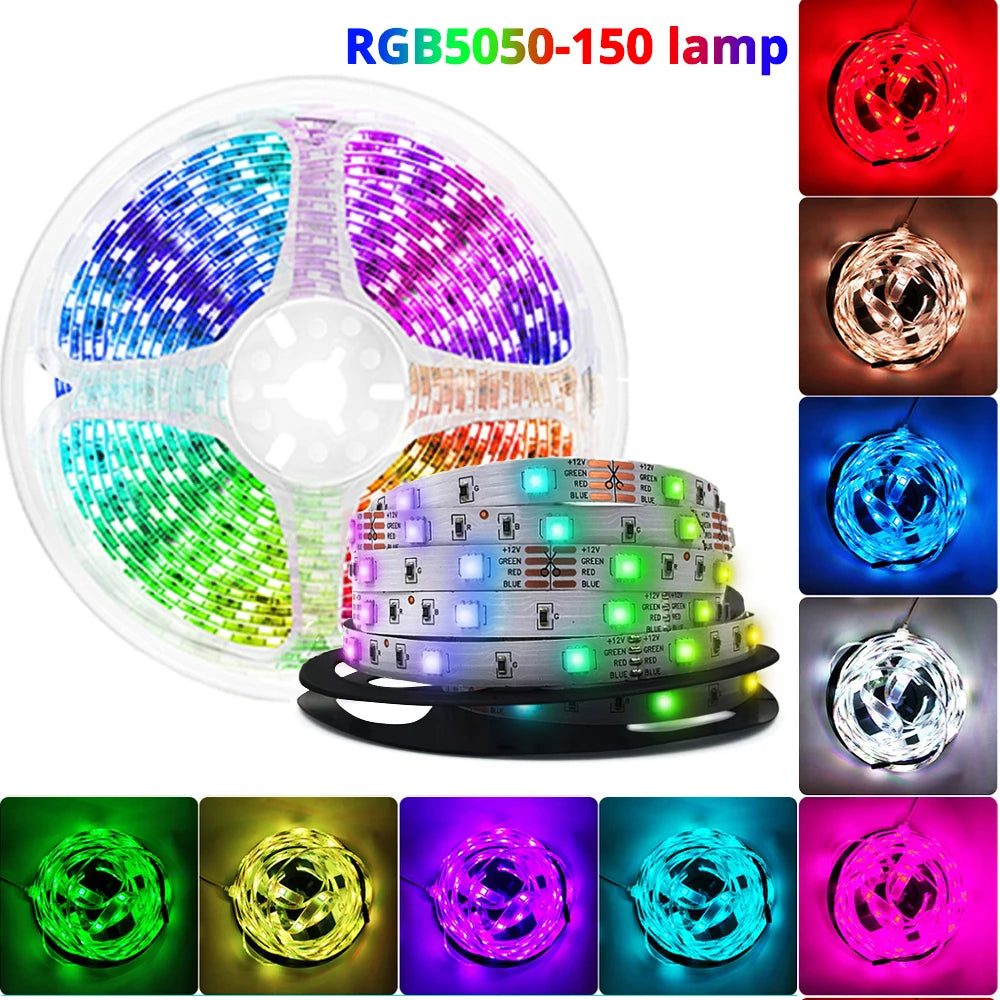 LED Strip Lights 5M RGB 5050 150 SMD Flexible Ribbon Tape Diode DC 12V Decoration BackLight Lamp Night Bedroom Atmosphere