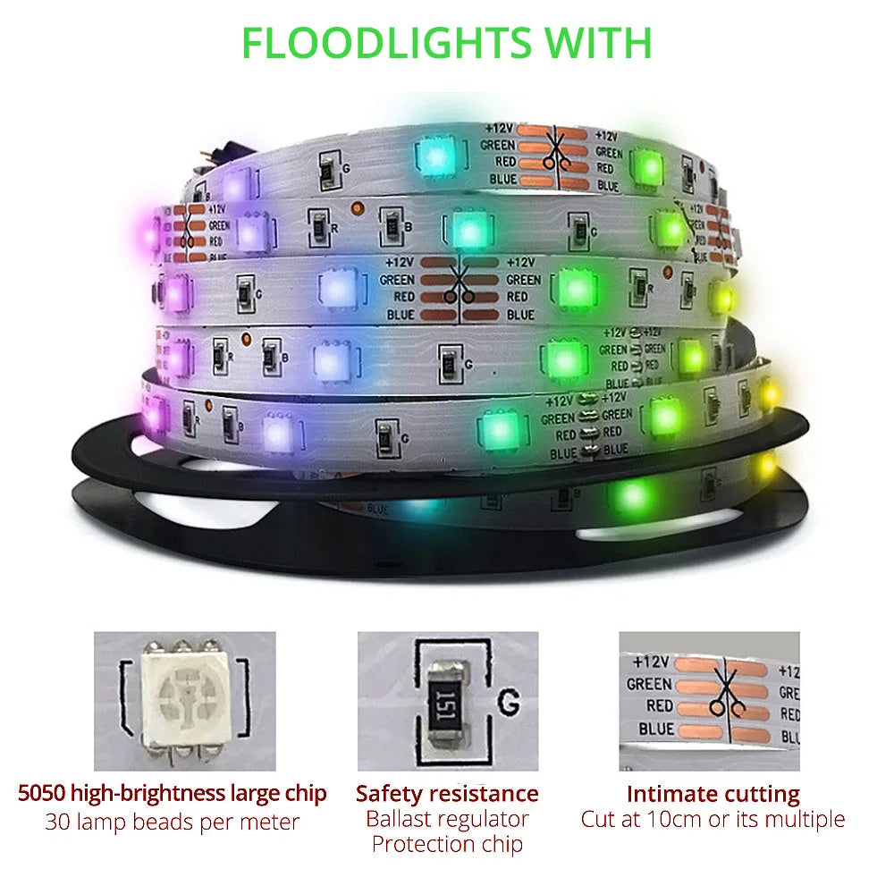 LED Strip Lights 5M RGB 5050 150 SMD Flexible Ribbon Tape Diode DC 12V Decoration BackLight Lamp Night Bedroom Atmosphere