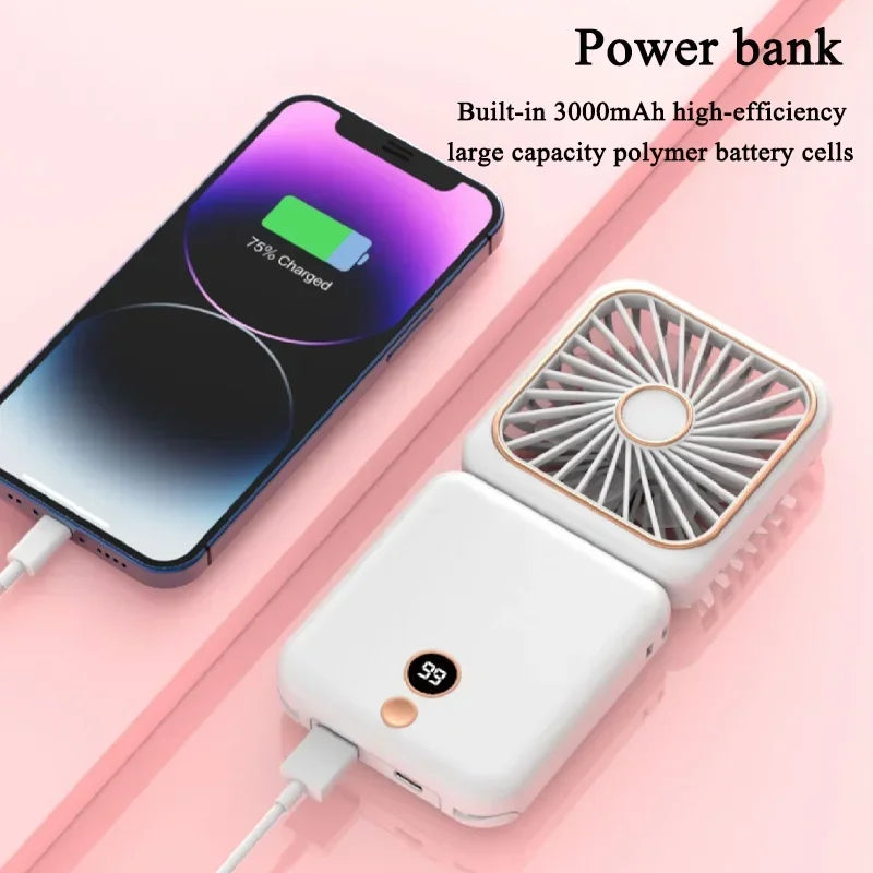 Portable Neck Fan Foldable Mini Handheld Fan with Power Bank USB Rechargeable Small Hand Fan Hanging Neck Fan Folding Desk Fan