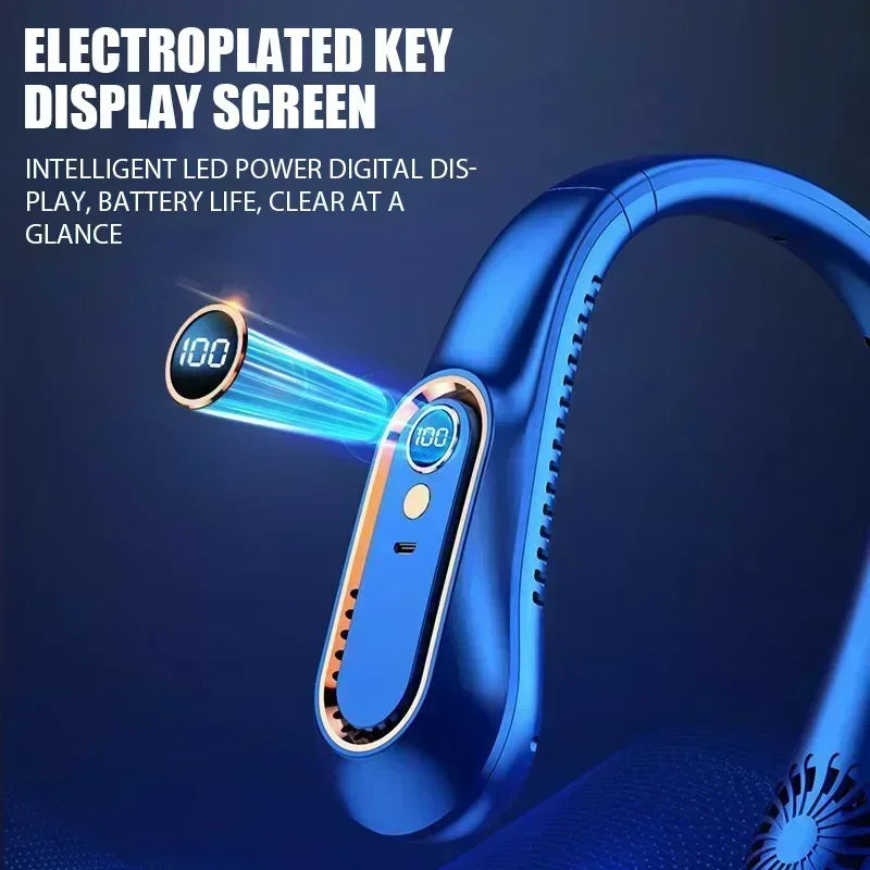 Portable Mini Hanging Neck Fan Bladeless Neckband Fan Digital Display Power Air Cooler USB Rechargeable Electric Fans ﻿