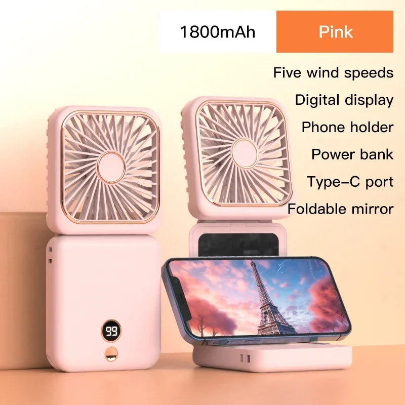 Portable Neck Fan Foldable Mini Handheld Fan with Power Bank USB Rechargeable Small Hand Fan Hanging Neck Fan Folding Desk Fan
