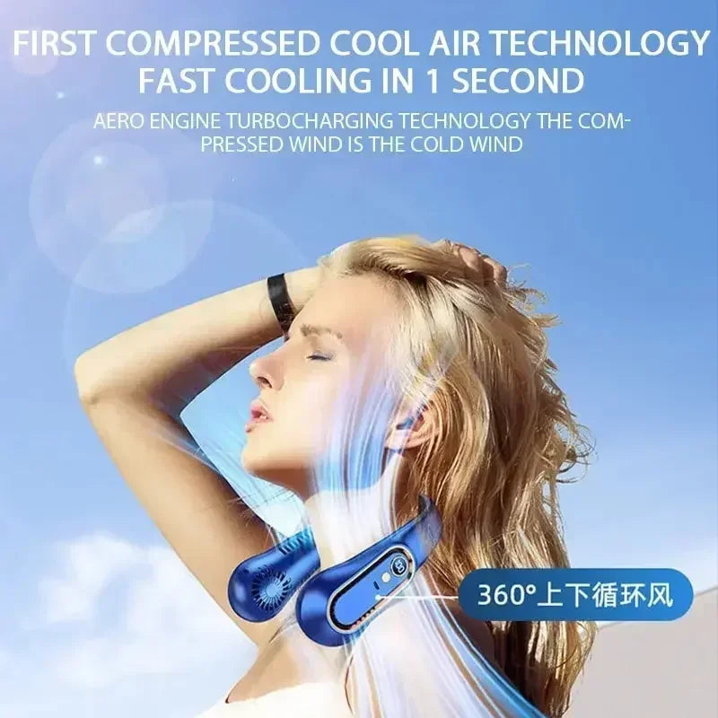 Portable Mini Hanging Neck Fan Bladeless Neckband Fan Digital Display Power Air Cooler USB Rechargeable Electric Fans ﻿