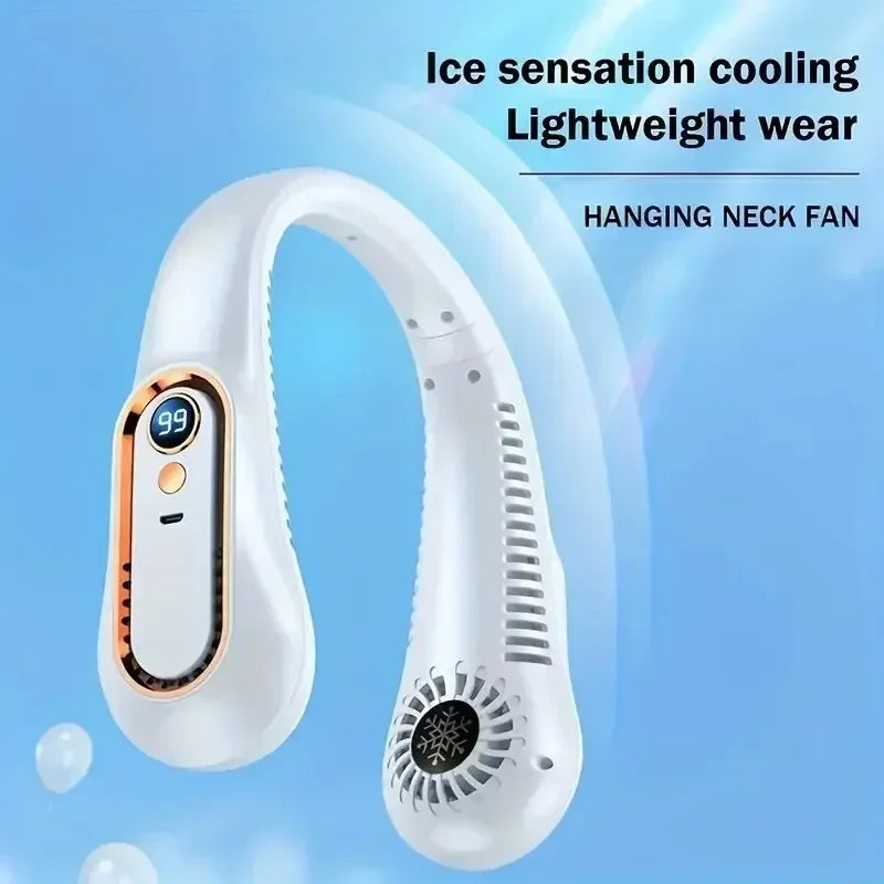 Portable Mini Hanging Neck Fan Bladeless Neckband Fan Digital Display Power Air Cooler USB Rechargeable Electric Fans ﻿